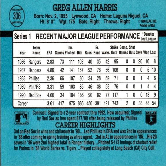 Greg Harris (Boston Red Sox) 1990 Leaf Donruss '91 Series 1 Card-Card Number 306 - Picture 2 of 2
